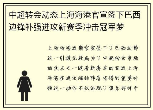 中超转会动态上海海港官宣签下巴西边锋补强进攻新赛季冲击冠军梦 中超转会动态上海海港官宣签下巴西边锋补强进攻新赛季冲击冠军梦