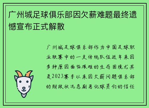 广州城足球俱乐部因欠薪难题最终遗憾宣布正式解散 广州城足球俱乐部因欠薪难题最终遗憾宣布正式解散