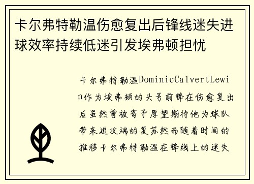 卡尔弗特勒温伤愈复出后锋线迷失进球效率持续低迷引发埃弗顿担忧