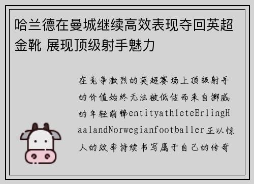 哈兰德在曼城继续高效表现夺回英超金靴 展现顶级射手魅力 哈兰德在曼城继续高效表现夺回英超金靴 展现顶级射手魅力